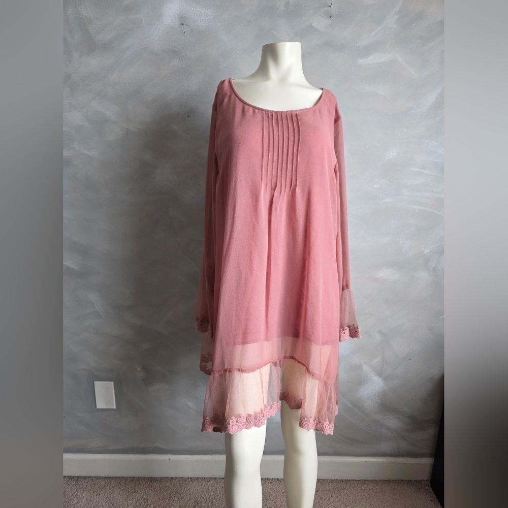 Dusty Rose Tunic Mini Dress Sheer Lace Trim Mesh Hem Pintucks Ethereal Boho